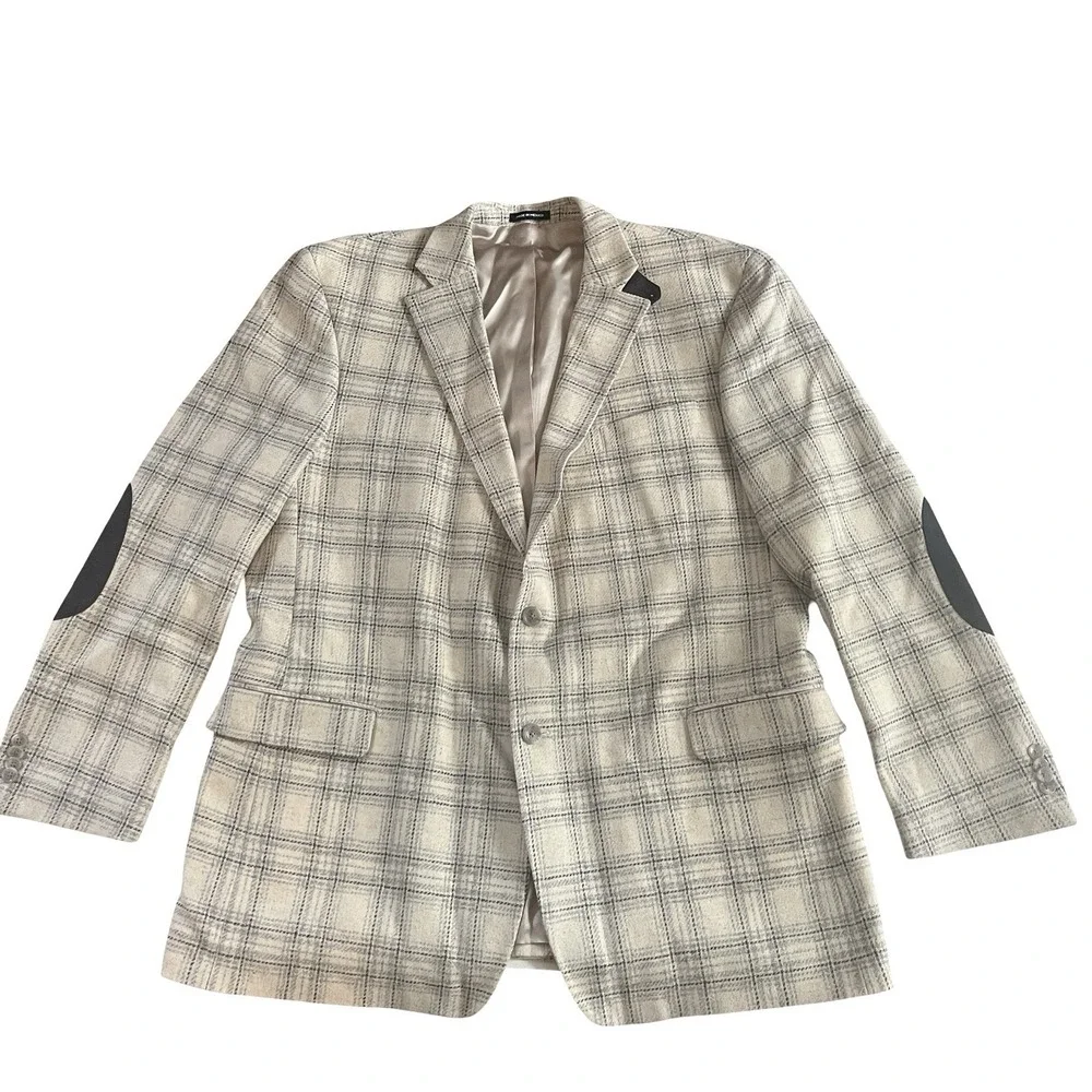 Paul Fredrick Men's Size 48L Blazer Suit Jacket Cream Ivory Plaid Elbow Patch